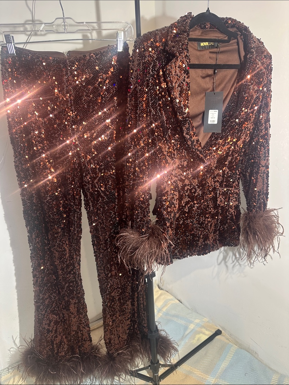 Fashion Nova Copper Sequin Skinny Pants & Feather-Cuff Blazer Set